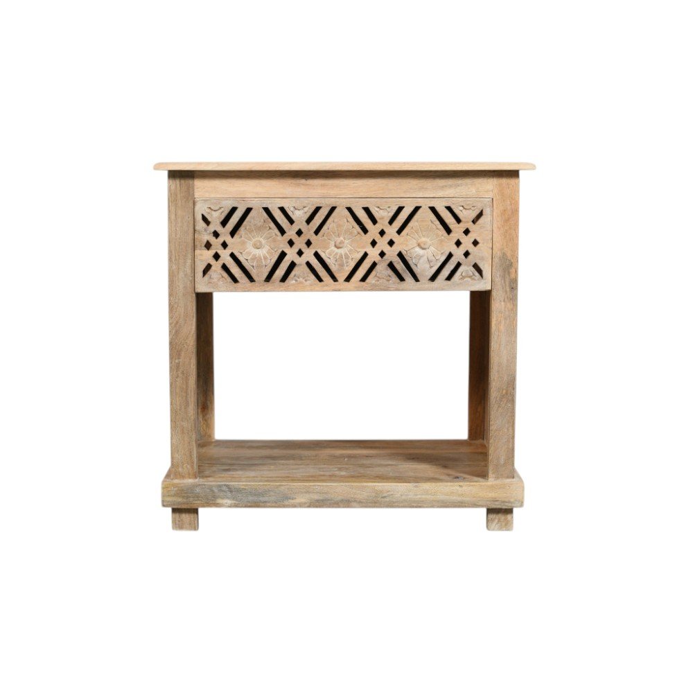 28" Natural Solid Wood Carved Geometric One Drawer Nightstand