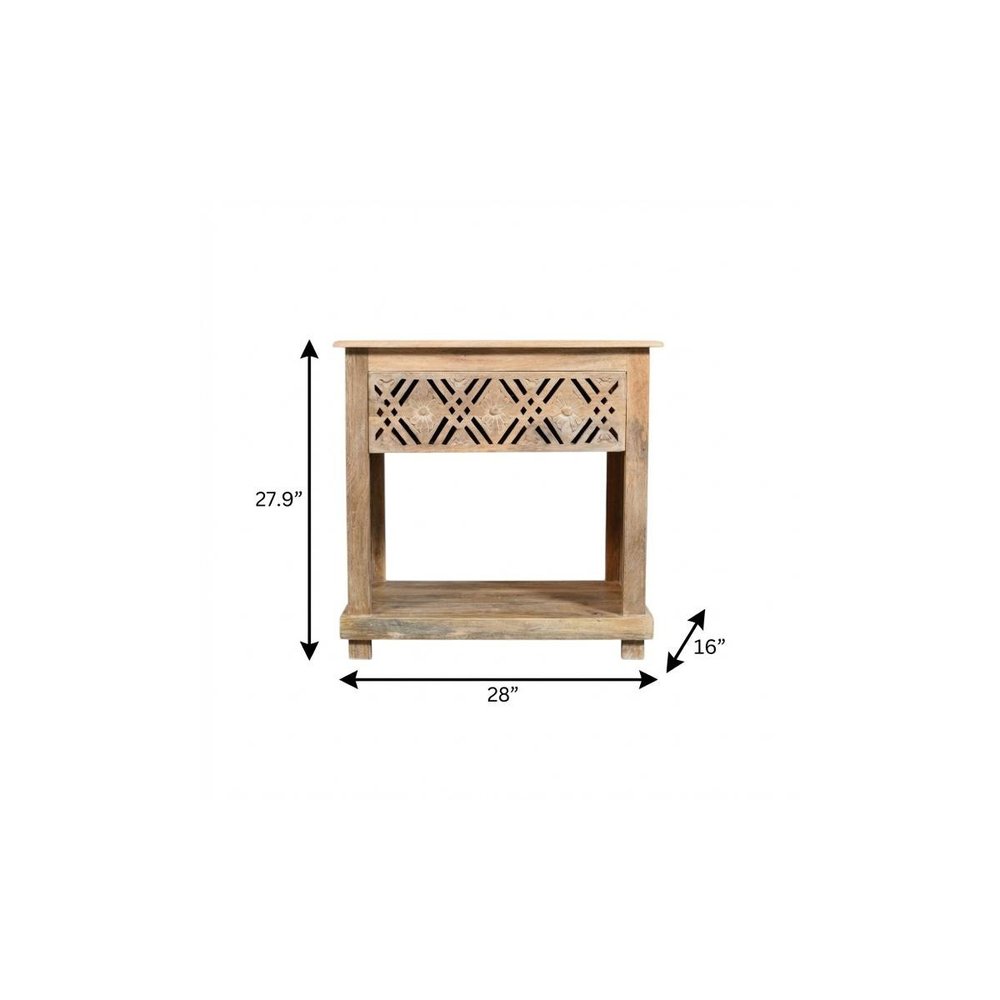 28" Natural Solid Wood Carved Geometric One Drawer Nightstand