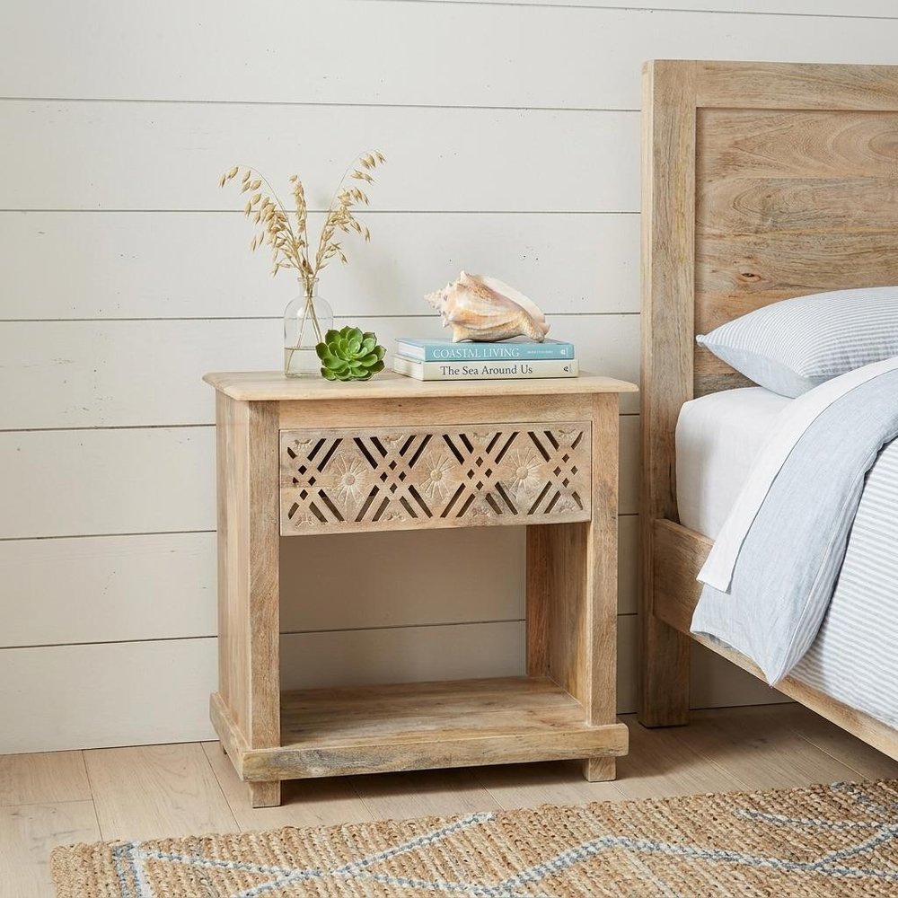 28" Natural Solid Wood Carved Geometric One Drawer Nightstand