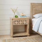 28" Natural Solid Wood Carved Geometric One Drawer Nightstand