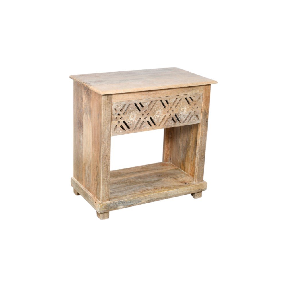 28" Natural Solid Wood Carved Geometric One Drawer Nightstand