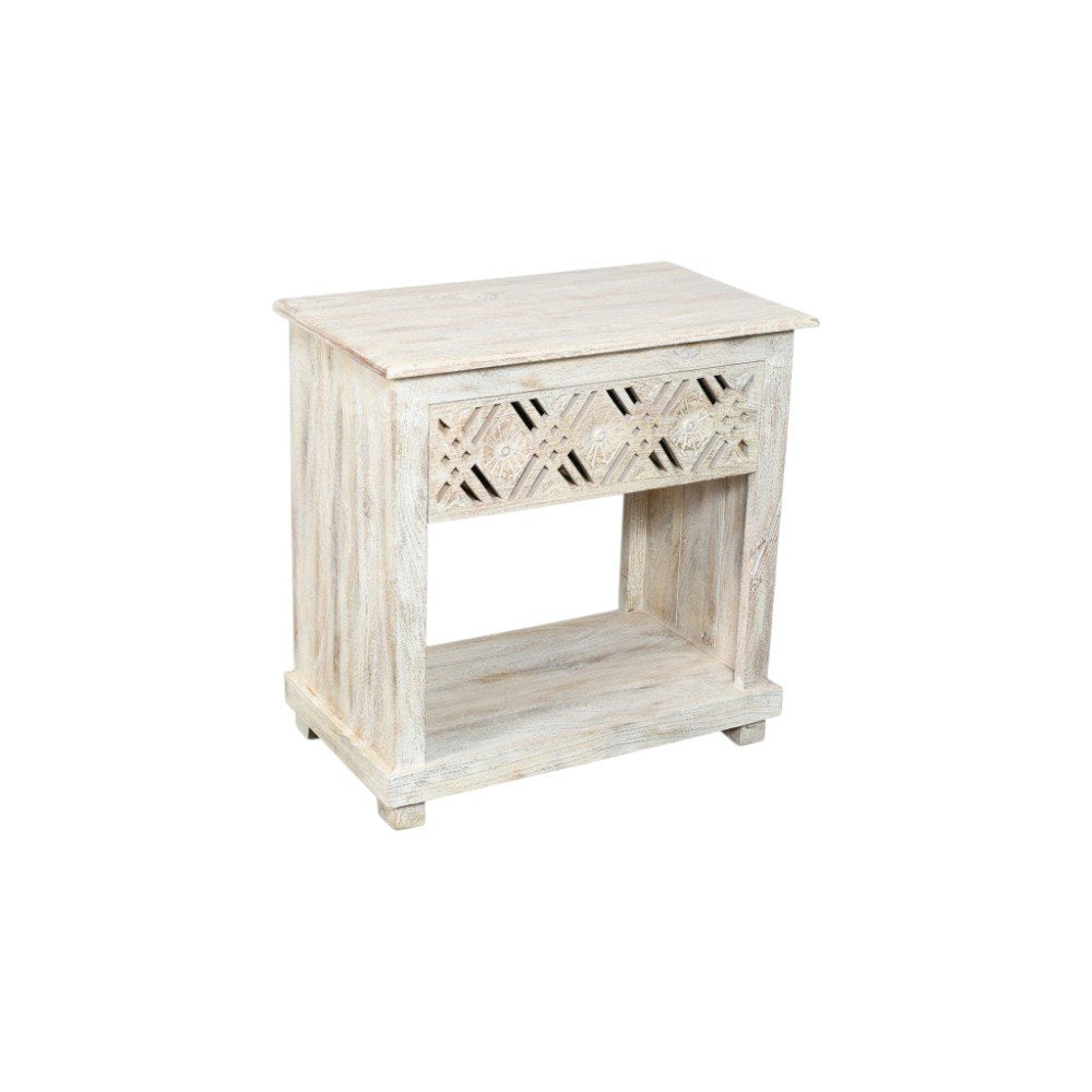 28" White Solid Wood Distressed Carved Geometric One Drawer Nightstand