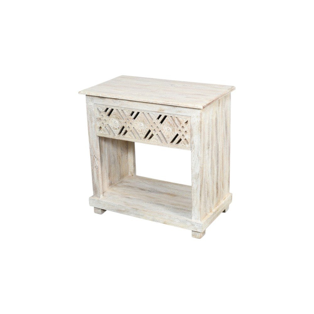 28" White Solid Wood Distressed Carved Geometric One Drawer Nightstand