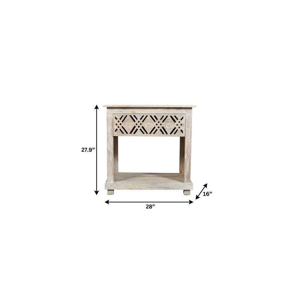 28" White Solid Wood Distressed Carved Geometric One Drawer Nightstand