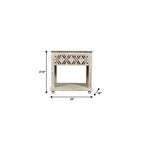 28" White Solid Wood Distressed Carved Geometric One Drawer Nightstand