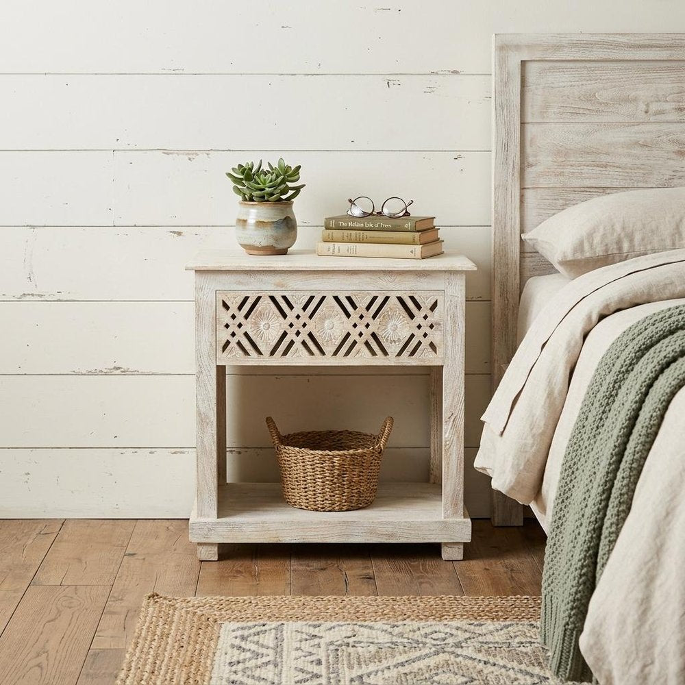 28" White Solid Wood Distressed Carved Geometric One Drawer Nightstand