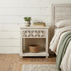 28" White Solid Wood Distressed Carved Geometric One Drawer Nightstand