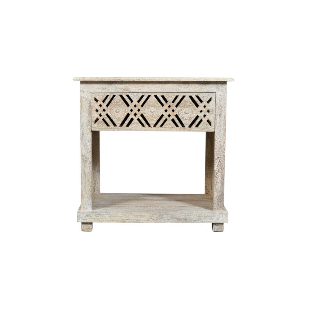 28" White Solid Wood Distressed Carved Geometric One Drawer Nightstand
