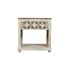28" White Solid Wood Distressed Carved Geometric One Drawer Nightstand