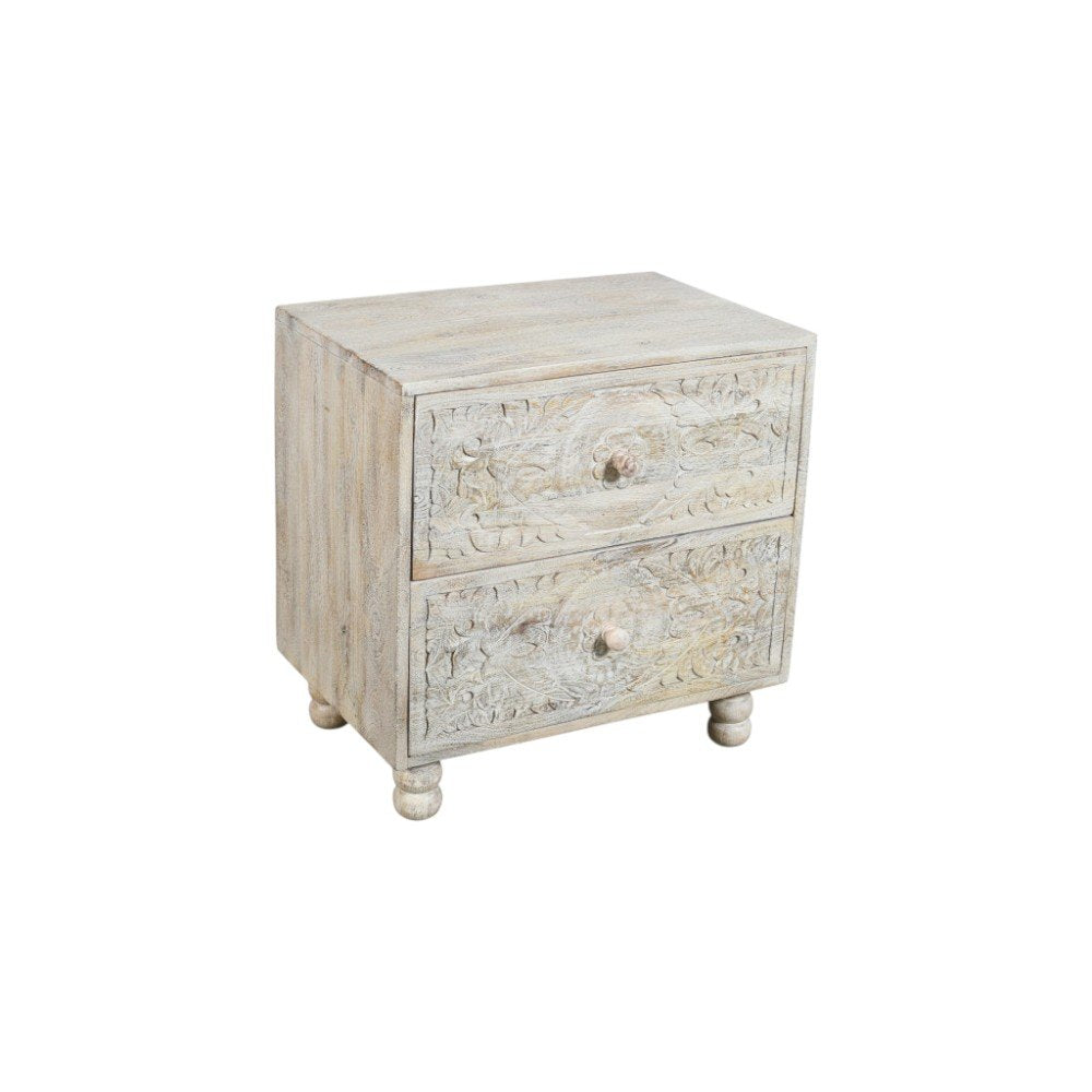 24" Natural And White Solid Wood Carved Scrollwork Two Drawer Nightstand