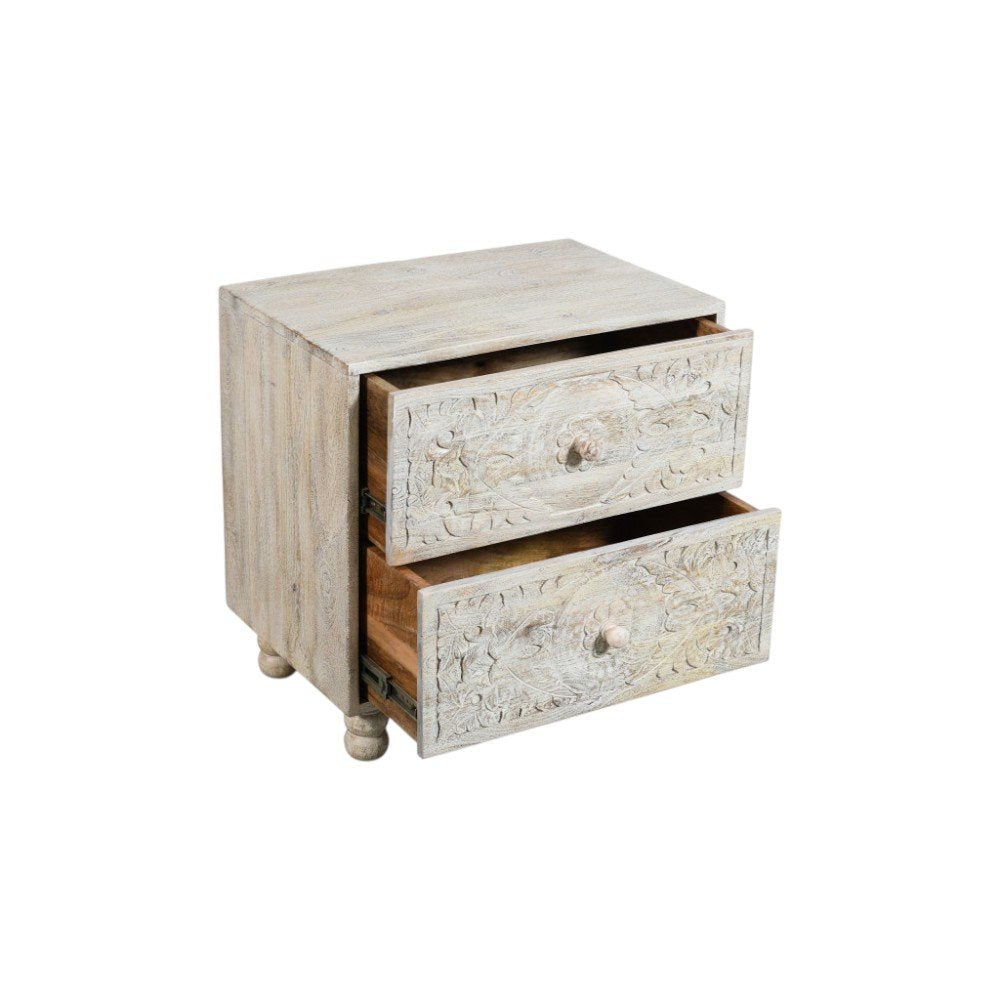 24" Natural And White Solid Wood Carved Scrollwork Two Drawer Nightstand