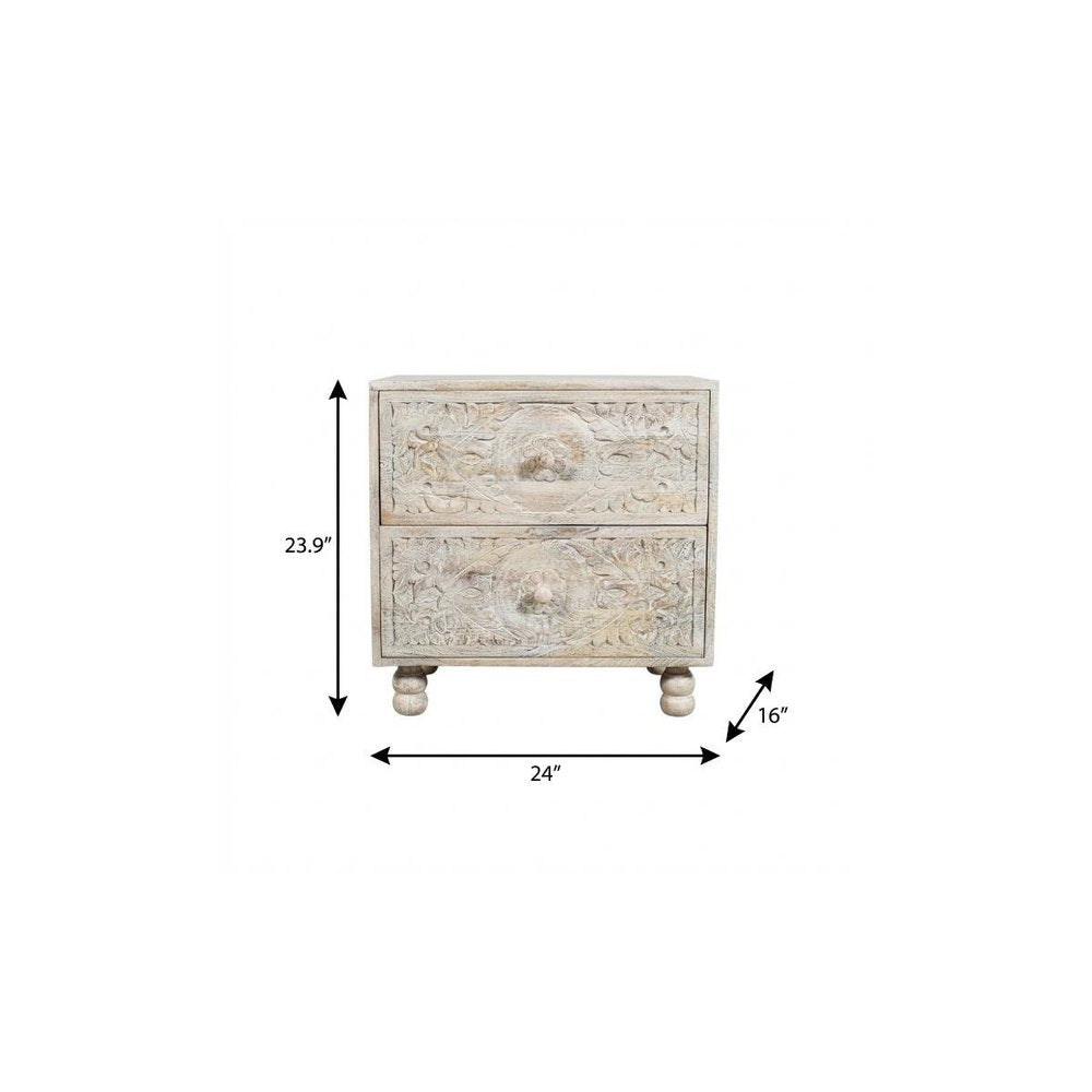 24" Natural And White Solid Wood Carved Scrollwork Two Drawer Nightstand