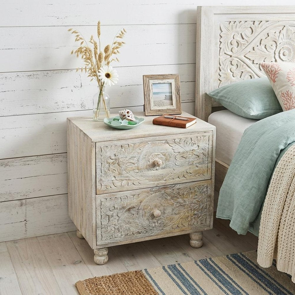 24" Natural And White Solid Wood Carved Scrollwork Two Drawer Nightstand