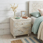 24" Natural And White Solid Wood Carved Scrollwork Two Drawer Nightstand