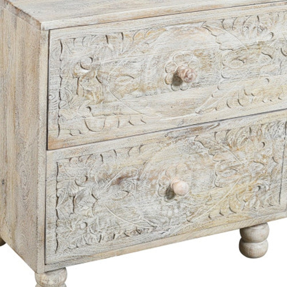 24" Natural And White Solid Wood Carved Scrollwork Two Drawer Nightstand