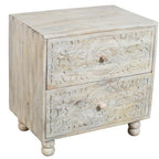 24" Natural And White Solid Wood Carved Scrollwork Two Drawer Nightstand