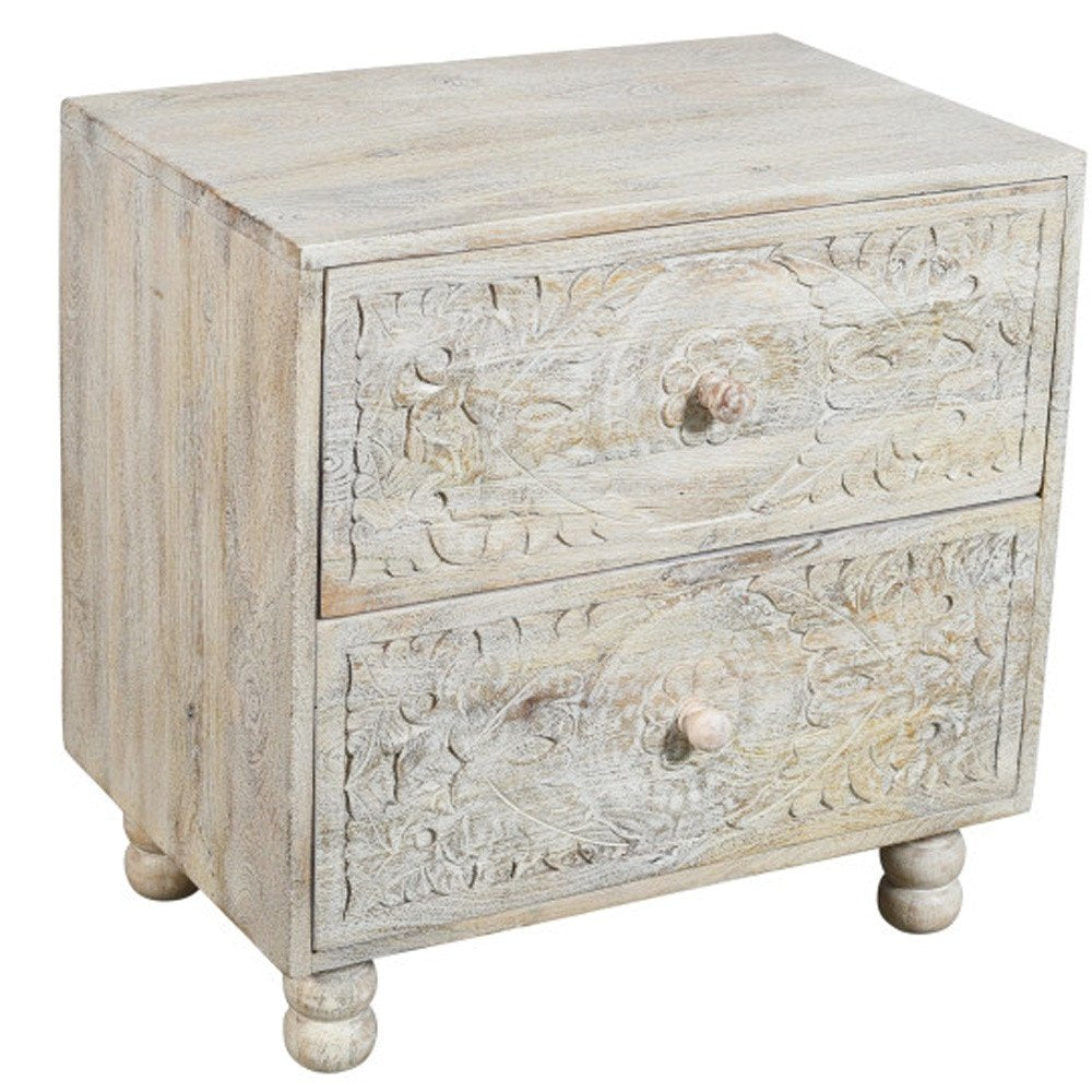 24" Natural And White Solid Wood Carved Scrollwork Two Drawer Nightstand
