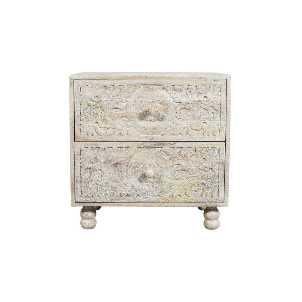 24" Natural And White Solid Wood Carved Scrollwork Two Drawer Nightstand