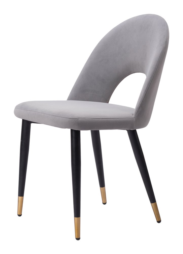 Set of Two Gray Black And Gold Velvet And Wood And Steel Open Back Dining Side Chairs