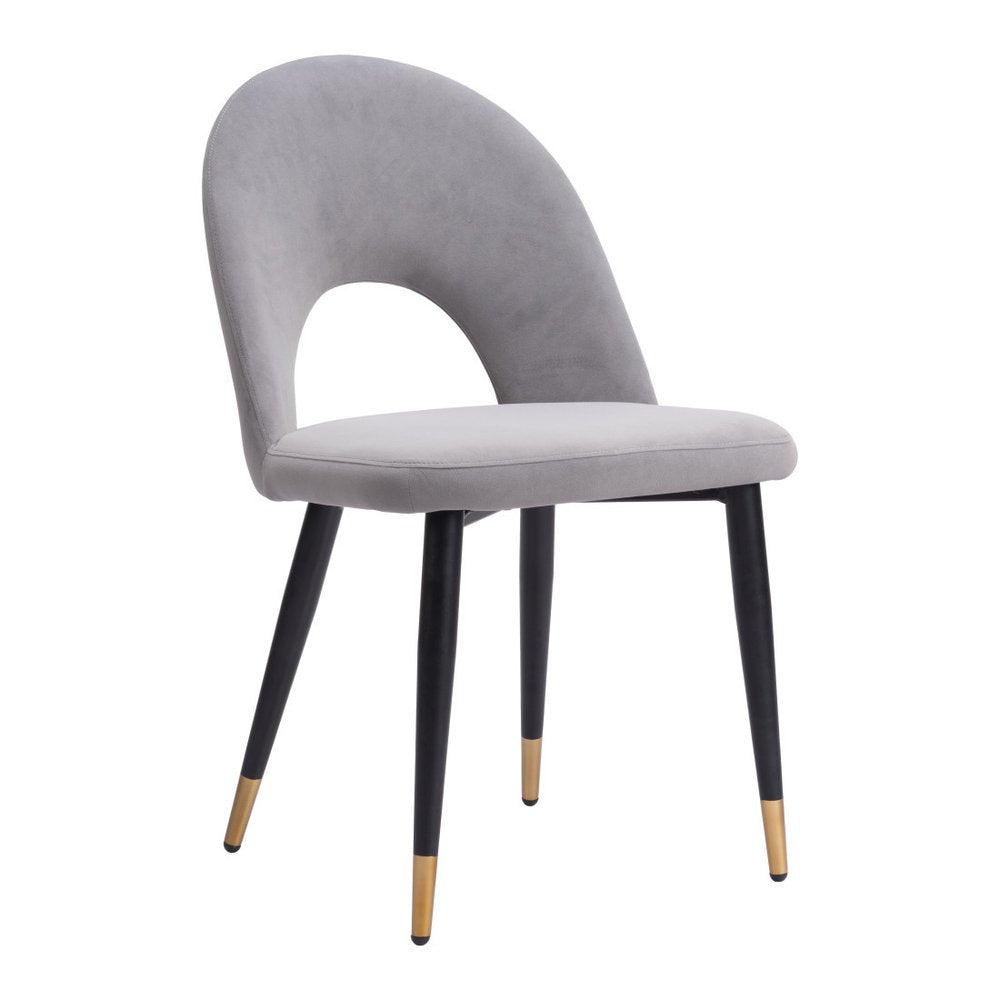 Set of Two Gray Black And Gold Velvet And Wood And Steel Open Back Dining Side Chairs