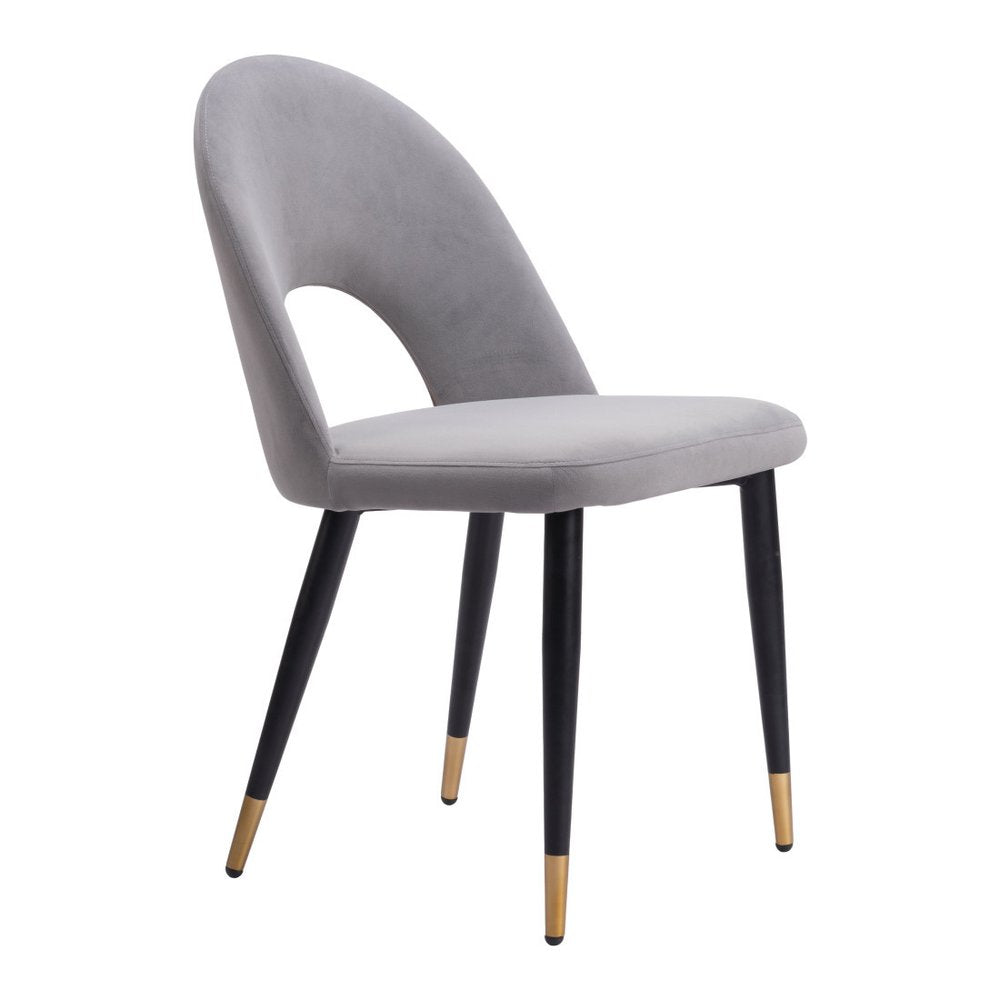Set of Two Gray Black And Gold Velvet And Wood And Steel Open Back Dining Side Chairs