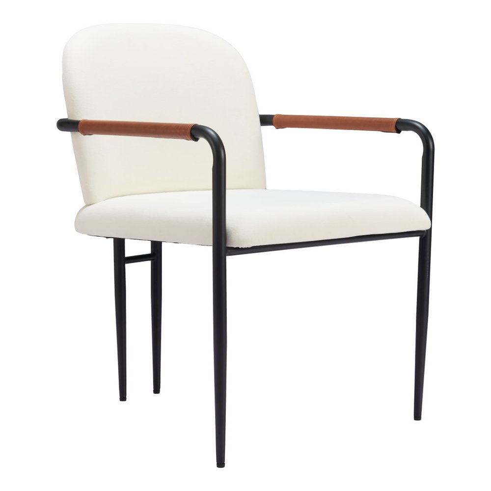 Set of Two Cream And Black Fabric And Steel Dining Arm Chairs