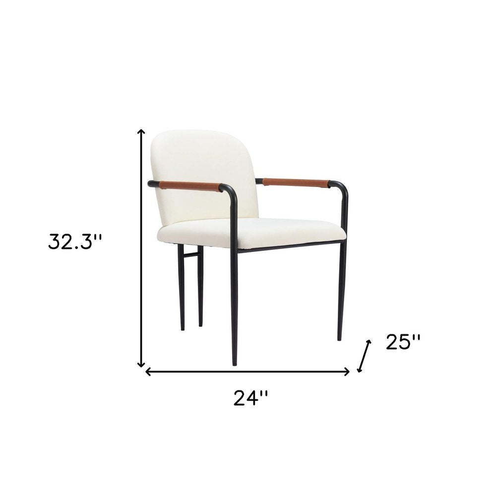 Set of Two Cream And Black Fabric And Steel Dining Arm Chairs