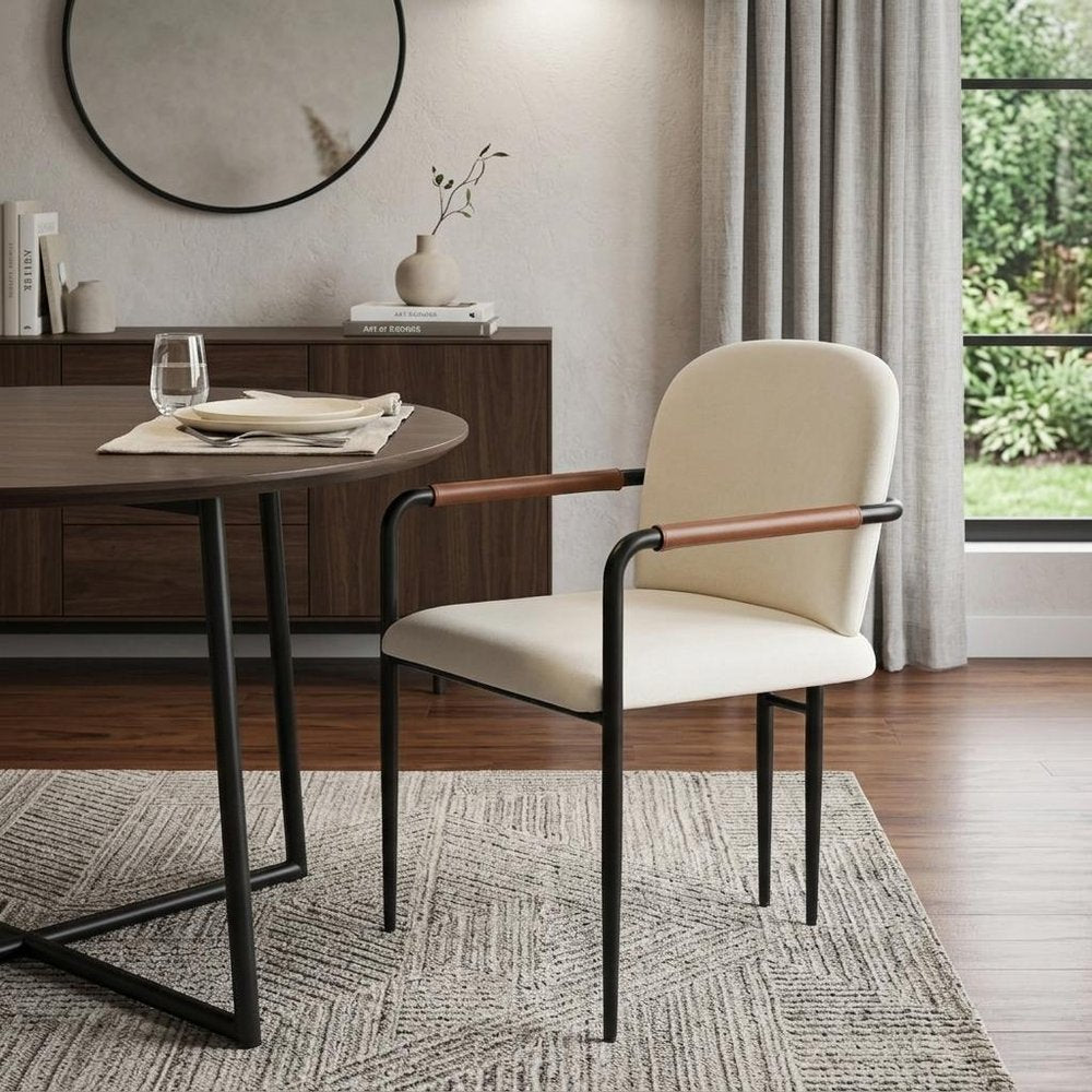 Set of Two Cream And Black Fabric And Steel Dining Arm Chairs