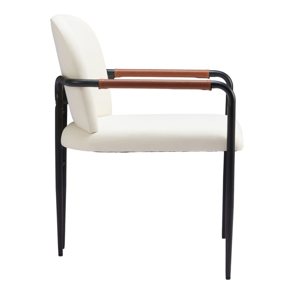 Set of Two Cream And Black Fabric And Steel Dining Arm Chairs