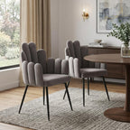 Set of Two Gray And Black Tufted Velvet And Steel Dining Arm Chairs