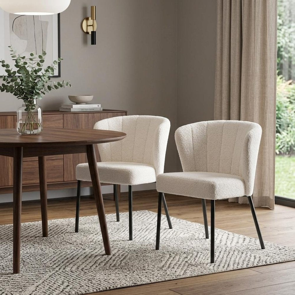 Set of Two Cream And Black Tufted Upholstery And Steel Dining Side Chairs