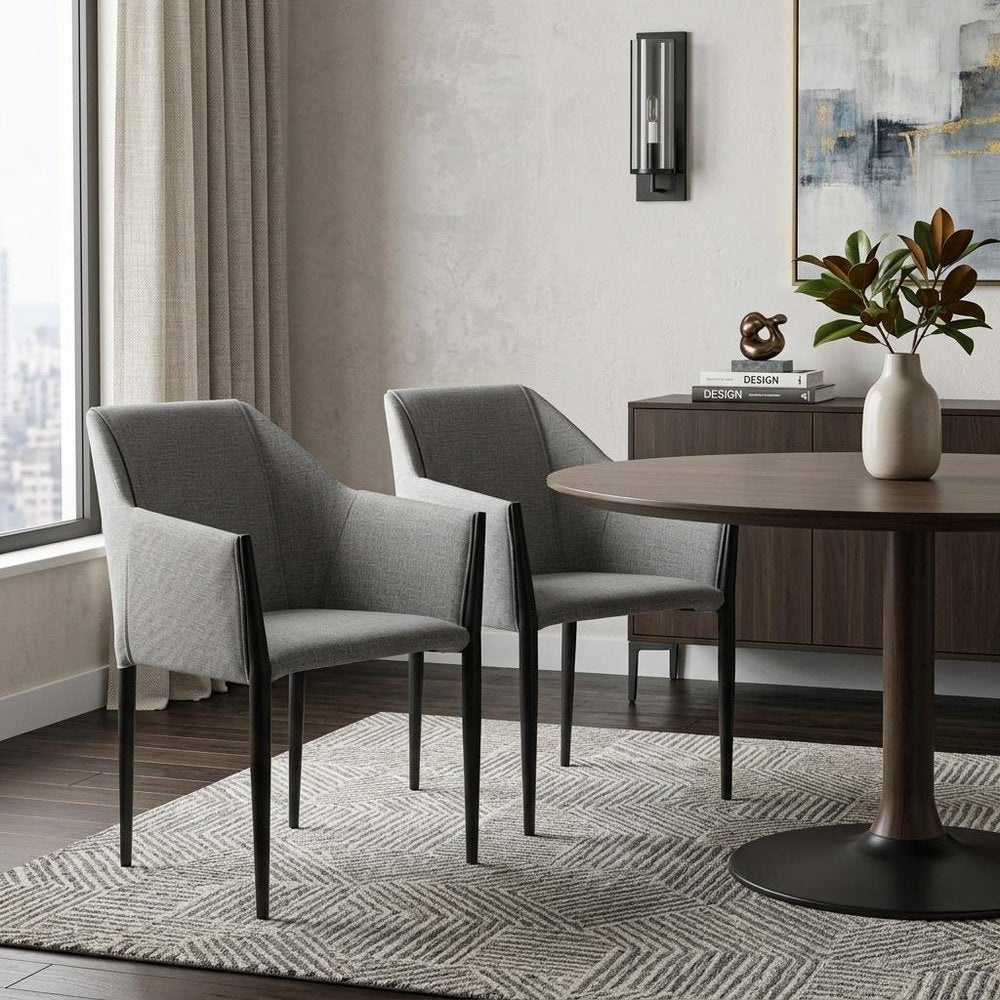 Set of Two Gray Slate Gray And Black Faux Leather And Steel Dining Arm Chairs
