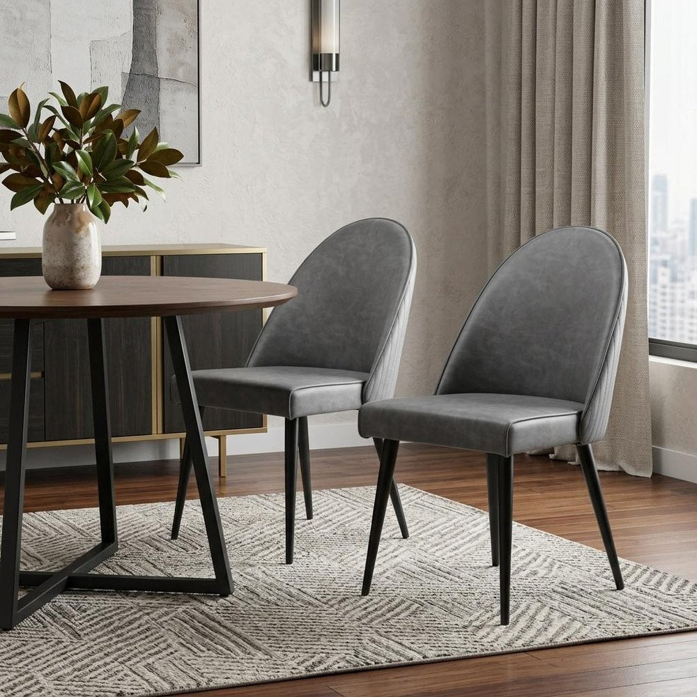 Set of Two Gray And Black Faux Leather And Steel Dining Side Chairs