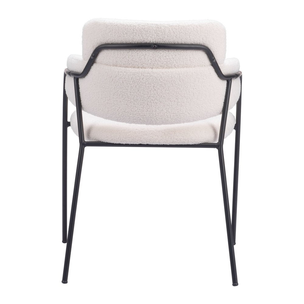 Set of Two Cream And Black Faux Shearling And Steel Dining Arm Chairs