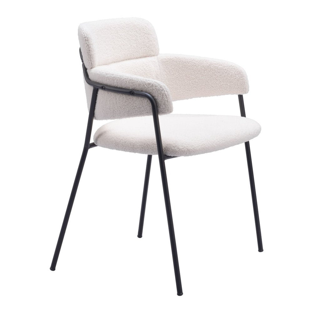 Set of Two Cream And Black Faux Shearling And Steel Dining Arm Chairs