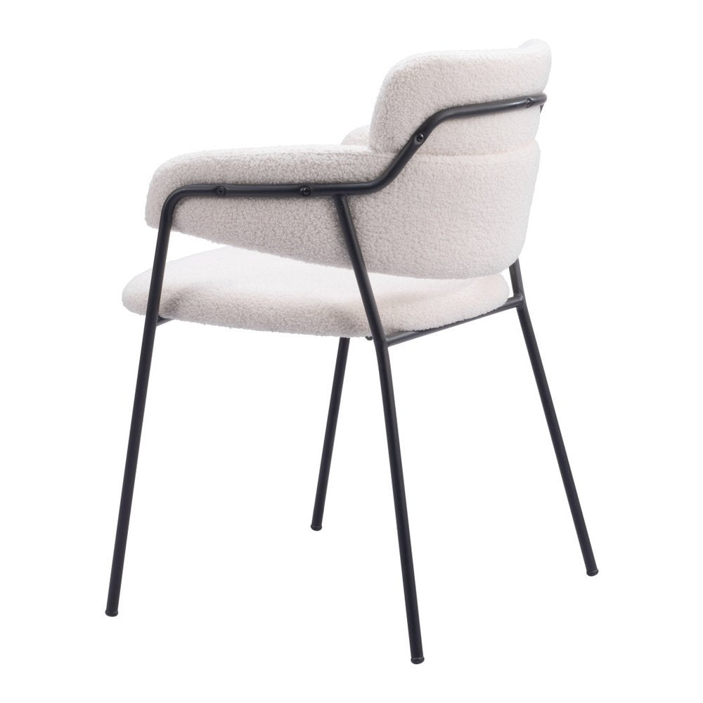 Set of Two Cream And Black Faux Shearling And Steel Dining Arm Chairs