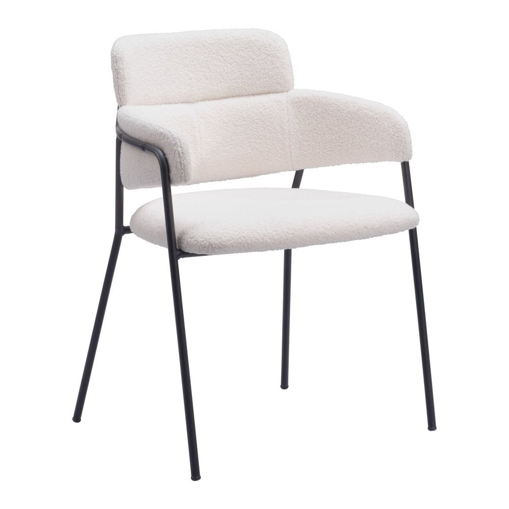 Set of Two Cream And Black Faux Shearling And Steel Dining Arm Chairs