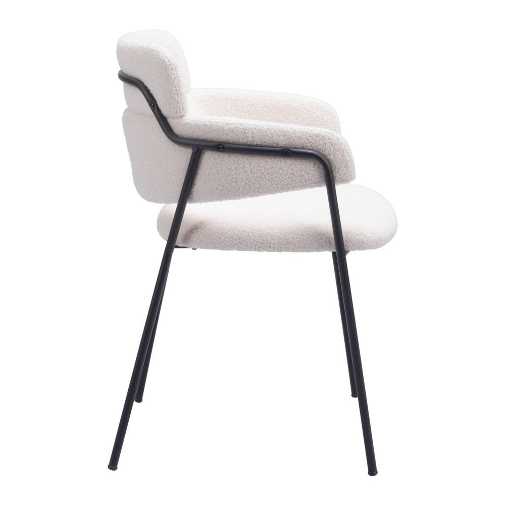 Set of Two Cream And Black Faux Shearling And Steel Dining Arm Chairs