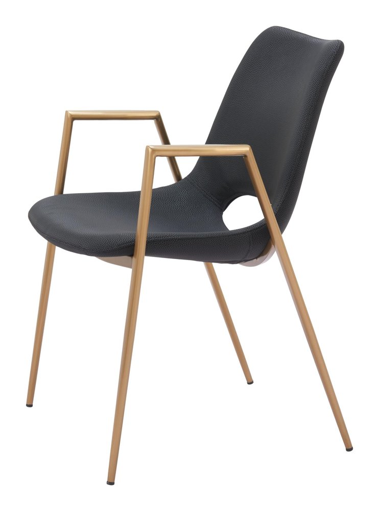 Set of Two Black And Gold Faux Leather And Steel Dining Arm Chairs