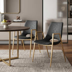 Set of Two Black And Gold Faux Leather And Steel Dining Arm Chairs