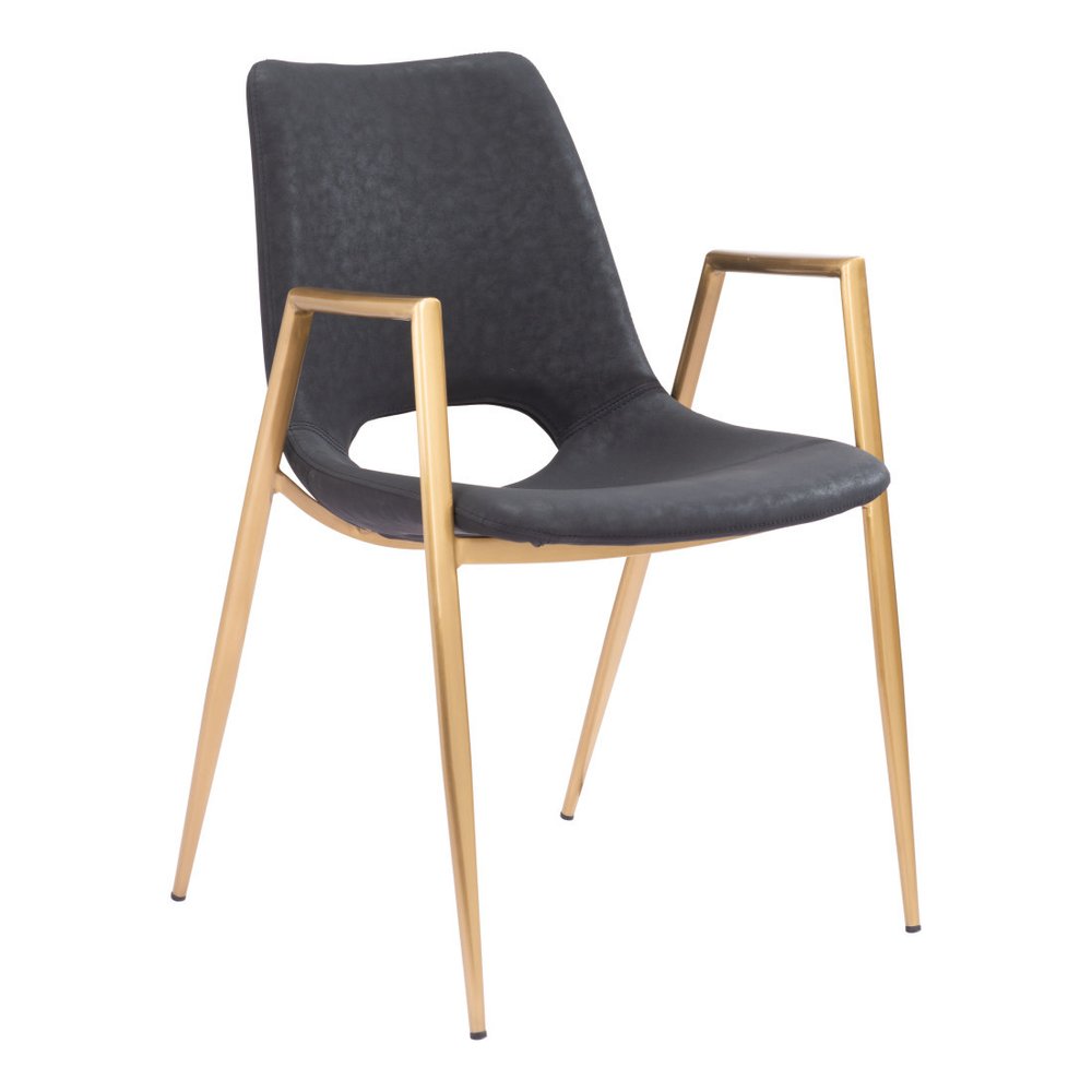 Set of Two Black And Gold Faux Leather And Steel Dining Arm Chairs