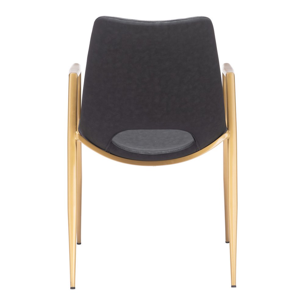 Set of Two Black And Gold Faux Leather And Steel Dining Arm Chairs