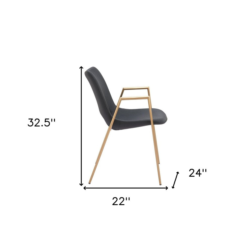 Set of Two Black And Gold Faux Leather And Steel Dining Arm Chairs