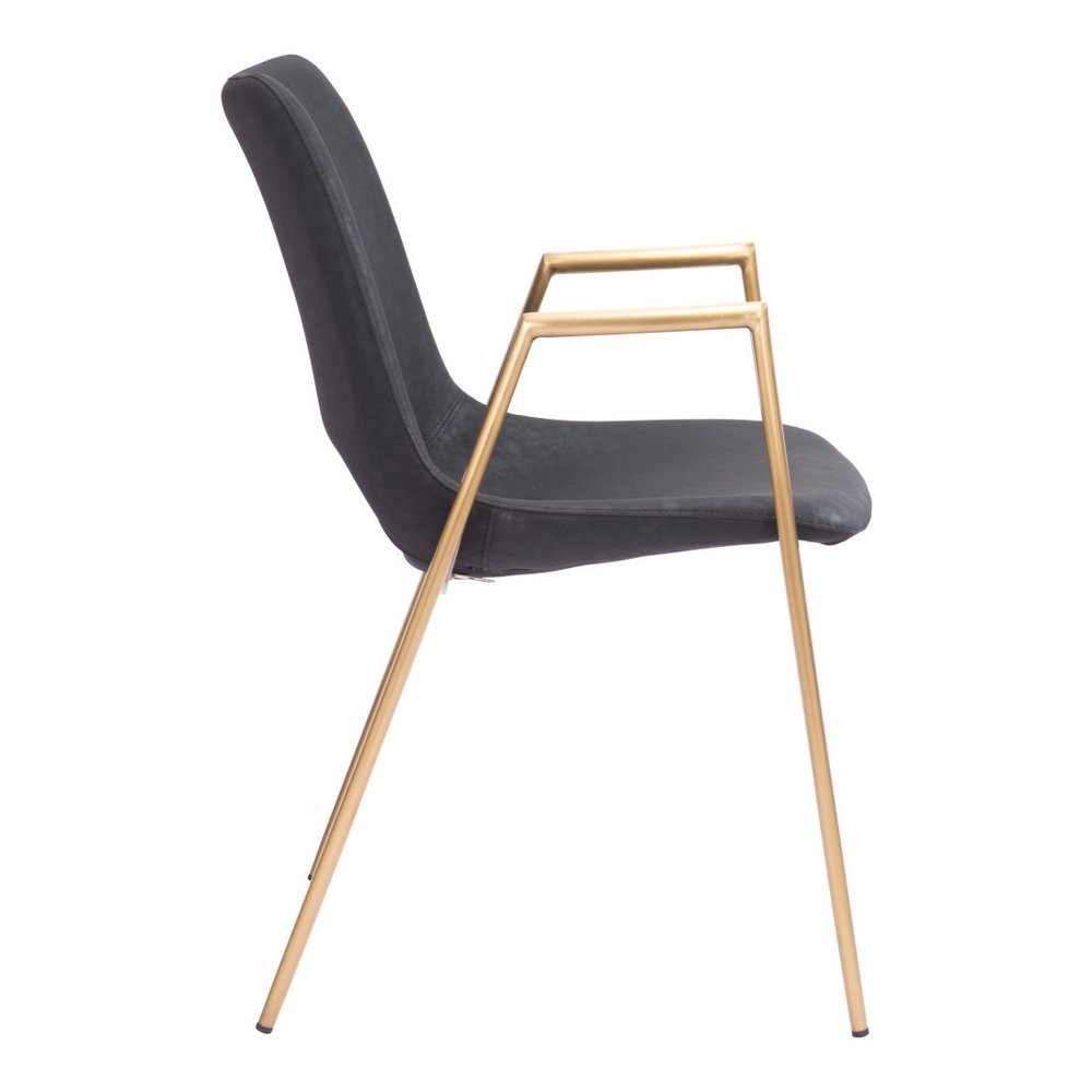 Set of Two Black And Gold Faux Leather And Steel Dining Arm Chairs