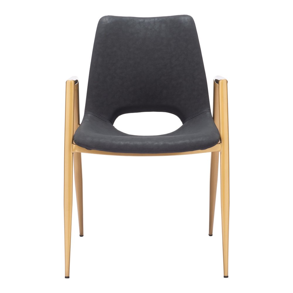 Set of Two Black And Gold Faux Leather And Steel Dining Arm Chairs