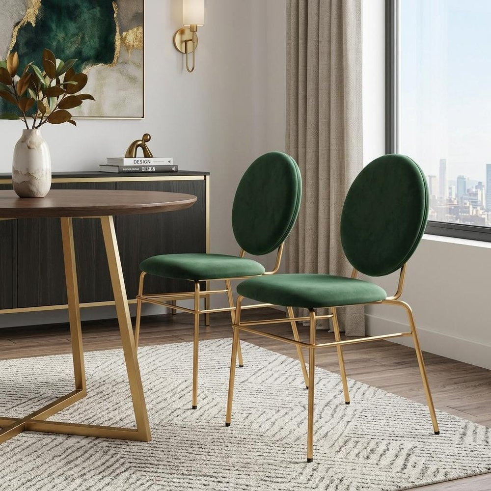 Set of Two Green And Gold Velvet And Steel Dining Side Chairs