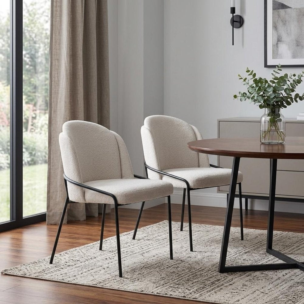 Set of Two Ivory And Black Faux Shearling And Steel Dining Side Chairs