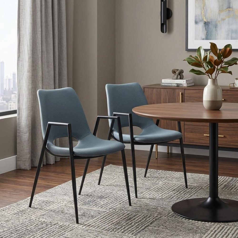 Set of Two Blue And Black Faux Leather And Steel Dining Arm Chairs
