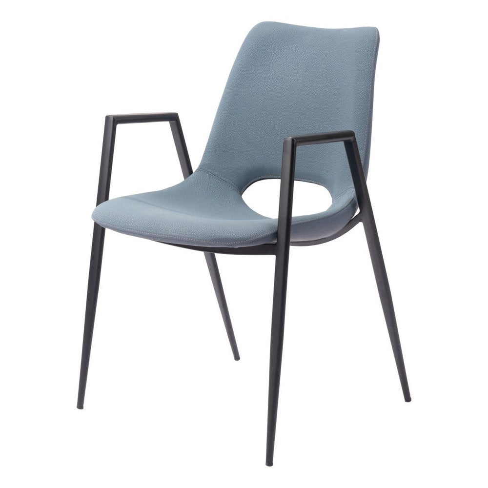Set of Two Blue And Black Faux Leather And Steel Dining Arm Chairs