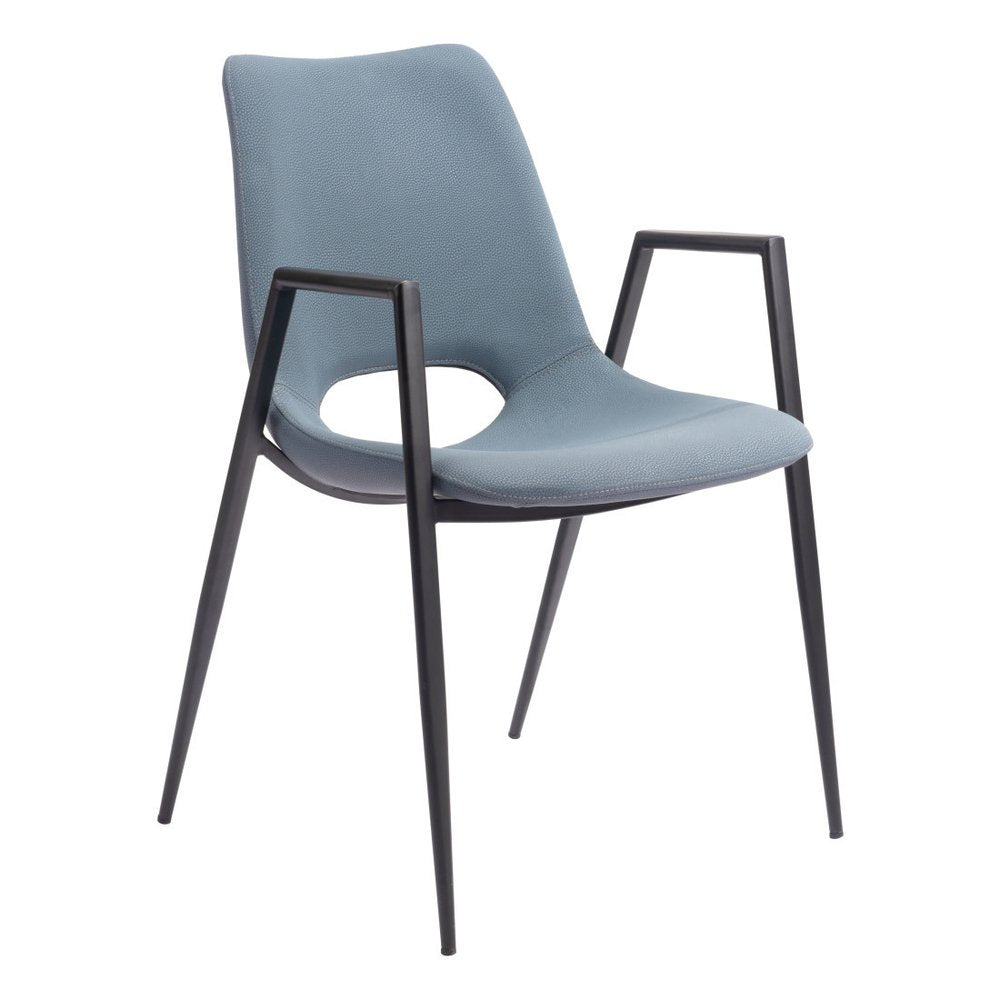 Set of Two Blue And Black Faux Leather And Steel Dining Arm Chairs